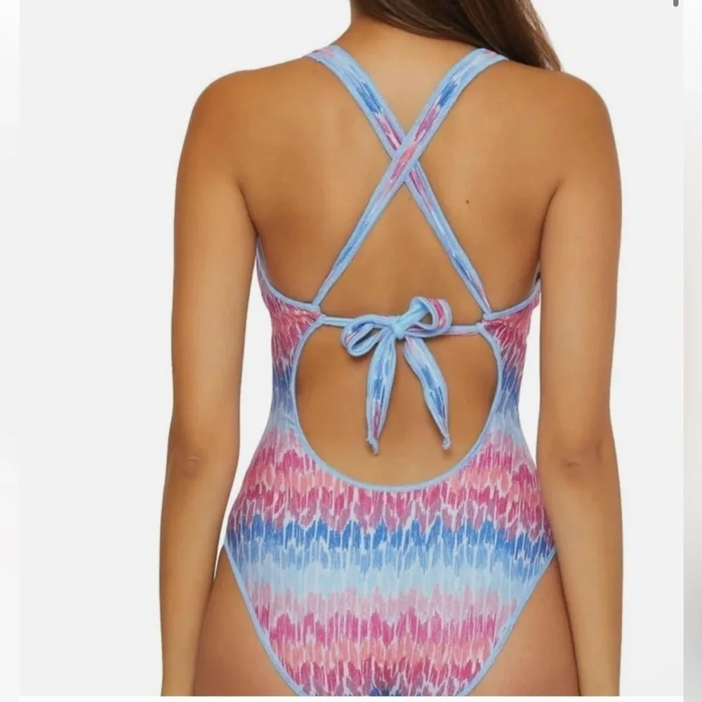 Becca Joshua Tree Corset One Piece Swimsuit In Multi Blue NWT Size Large